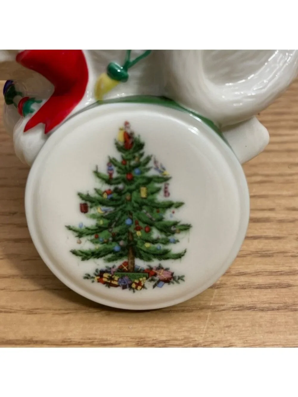 Spode Christmas Tree Cat Kitty Ornament w Lights and Red Bow Ceramic 3.5 Inches